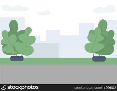 City park flat color vector illustration. Public outdoor recreational place 2D cartoon landscape with cityscape on background. Empty street. Urban greenery, decorative trees near paved walkway. City park flat color vector illustration