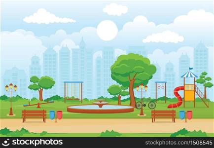 City Park in Summer with Kid Playground Playing Equipment Illustration
