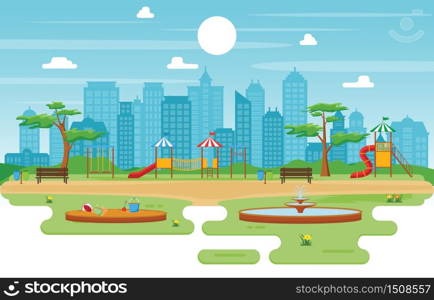 City Park in Summer with Kid Playground Playing Equipment Illustration