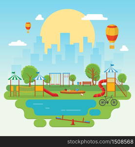 City Park in Summer with Kid Playground Playing Equipment Illustration