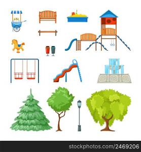 City park isolated icon set with elements of construction and green plants vector illustration. City Park Icon Set