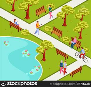 City park isometric composition with people nordic walking cycling reading working on laptop on bench vector illustration