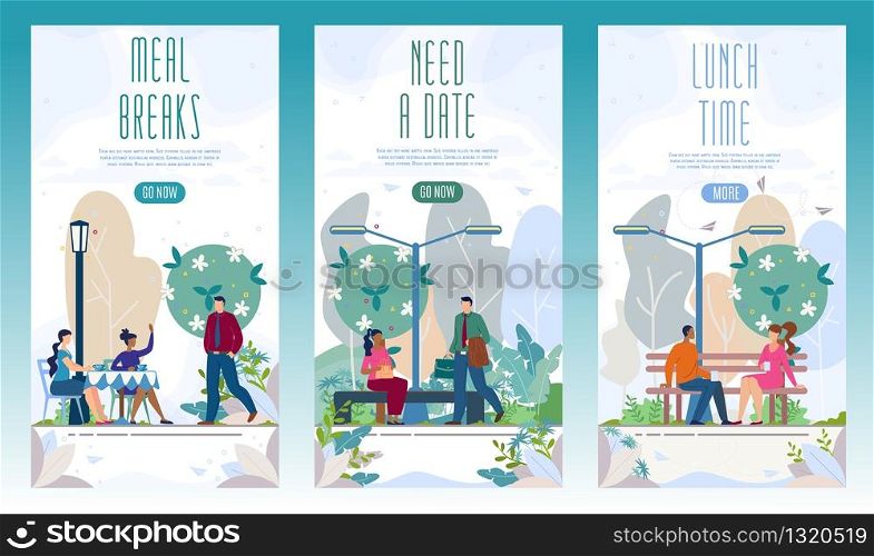 City Park, Modern Public Place for Rest and Recreation Flat Vector Vertical Web Banners, Landing Pages Set. Couple Going on Date, Office Workers Lunching Together, Meeting on Meal Break Illustration
