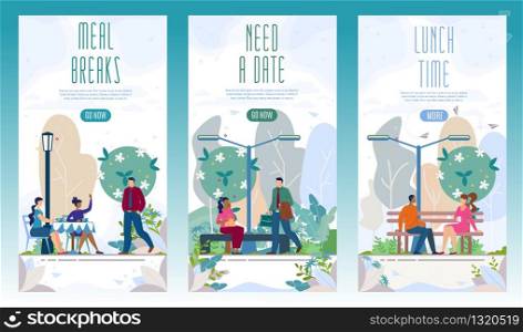 City Park, Modern Public Place for Rest and Recreation Flat Vector Vertical Web Banners, Landing Pages Set. Couple Going on Date, Office Workers Lunching Together, Meeting on Meal Break Illustration