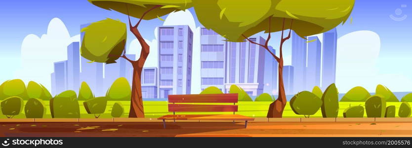 City park or sidewalk with bench and green trees on cityscape summer background. Scenery landscape, empty public place for walking and recreation, urban garden with pathway Cartoon vector illustration. City park or sidewalk with bench and green trees