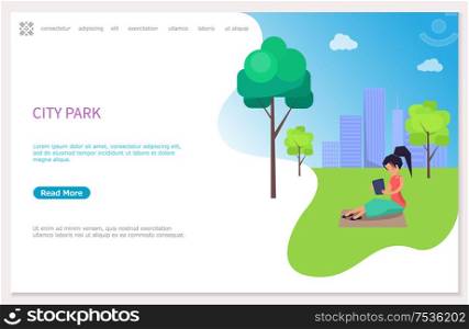 City park poster with woman sitting on blanket at lawn and working with laptop. Web page template with girl on grass, vector buildings on background. City Park Poster with Woman Sitting on Blanket
