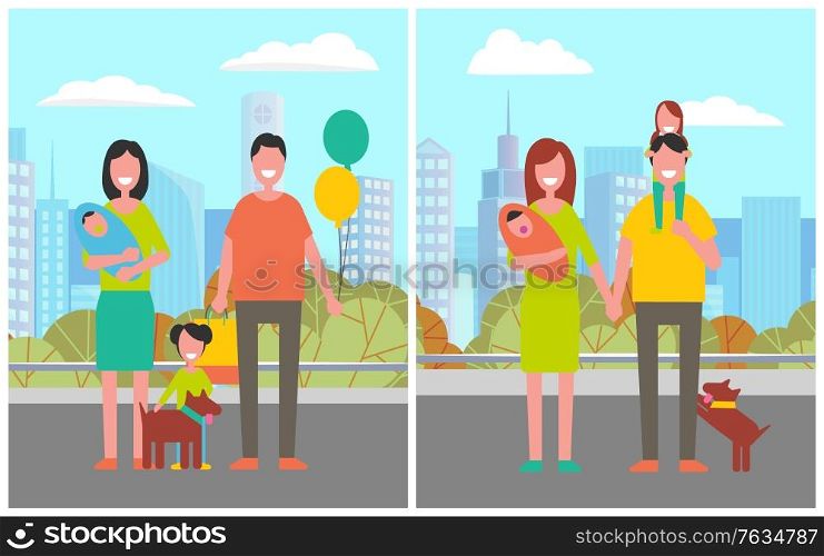 City park relaxation, man and woman with dog walking in town. Greenery and nature of urban area, male and female with children and balloons holidays. Vector illustration in flat cartoon style. Family Couple with Children and Dog Pet in City