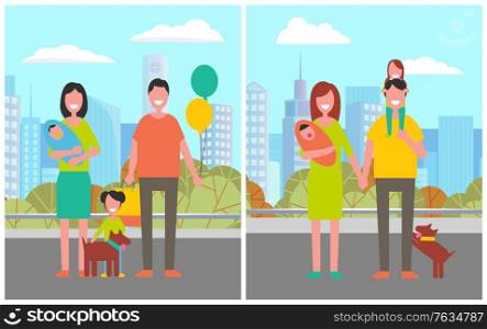 City park relaxation, man and woman with dog walking in town. Greenery and nature of urban area, male and female with children and balloons holidays. Vector illustration in flat cartoon style. Family Couple with Children and Dog Pet in City