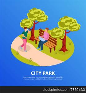 City park round isometric background composition poster with people jogging along path working on laptop vector illustration