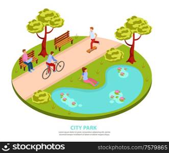 City park round isometric composition with people skateboarding cycling working on laptop sitting by pond vector illustration