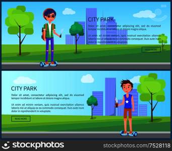 City park students in town posters with text sample set vector. Persons on hoverboard wearing backpack and holding vape in hands. Modern children. City Park Students in Town Posters Set Vector
