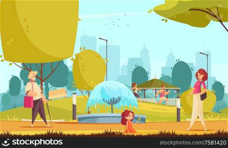 City park summer flat composition with runners little girl with mother near fountain cityscape background vector illustration