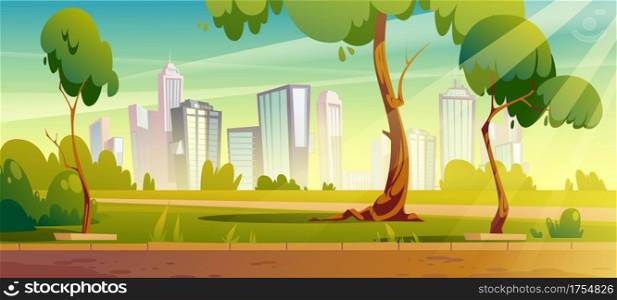 City park, summer or spring time scenery landscape, cityscape background, empty public place for walking and recreation with green trees and lawn. Urban garden with pathway Cartoon vector illustration. City park, summer or spring landscape, cityscape