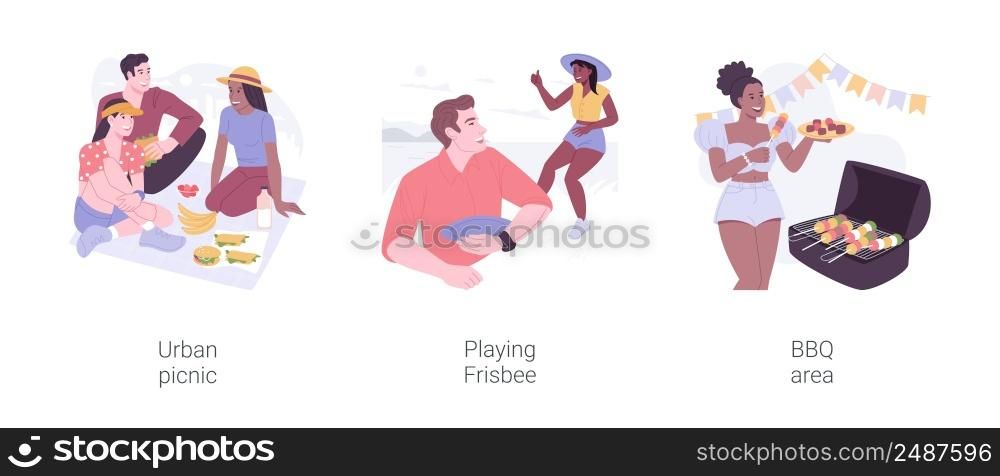 City park summer weekend isolated cartoon vector illustrations set. Urban picnic in the city park, playing frisbee with friends, BBQ area, outdoors activity, recreation day vector cartoon.. City park summer weekend isolated cartoon vector illustrations set.