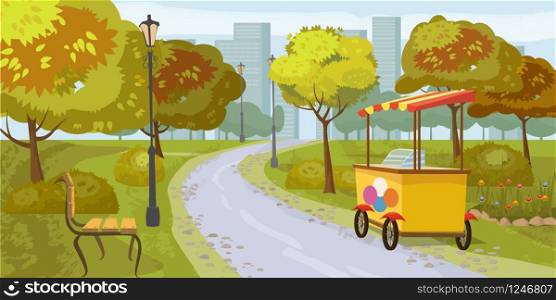 City park, trees, path leading to the city, bench, stall with ice cream, in the background city houses, vector, cartoon style, illustration. City park, trees, path leading to the city, bench, stall with ice cream, in the background city houses, vector, cartoon style, illustration, isolated