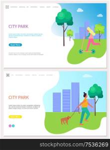 City park web poster with woman riding on roller and walking with pet on background of buildings. Leisure, outdoor activities landing pages samples, vector. City Park Web Poster with Woman Riding on Roller