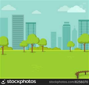 City Park with a Lawn and Trees. City park with a lawn and trees flat style. Green park with plant environmental and lush grass with a wooden bench on a background of town with business skyscrapers high buildings. Vector illustration
