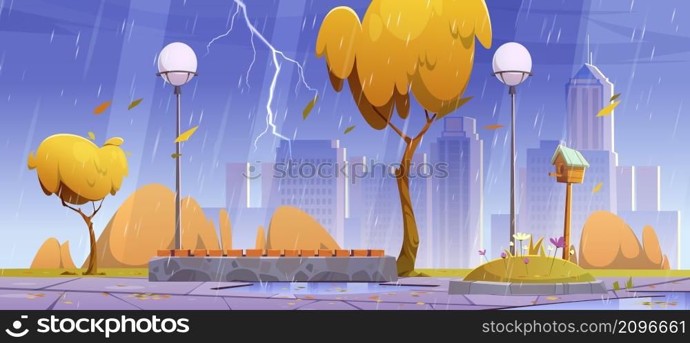 City park with bench at rainy weather, autumn rain scenery cityscape, public place with yellow trees, birdhouse, flowerbed, puddles, street lamps and wet tiled pathway. Cartoon vector illustration. City park with bench at rainy autumn bad weather