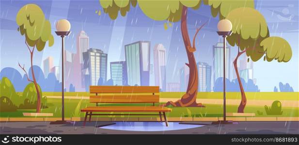 City park with bench at rainy weather, summer or spring rain scenery cityscape background, empty public place with puddle, street l&s and wet pathway. Dull urban garden Cartoon vector illustration. City park with bench at rainy summer weather.