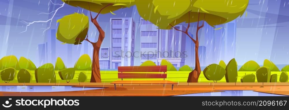 City park with bench at rainy weather, summer or spring rain with lightnings on cityscape background. Public parkland with puddles, empty wet street, dull urban garden, Cartoon vector illustration. City park with bench at rainy weather, summer rain