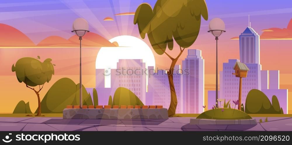 City park with bench sunset cityscape scenery landscape, summer or spring public place for walking and recreation with green trees, birdhouse and flowerbed. Urban garden Cartoon vector illustration. City park with bench sunset cityscape landscape