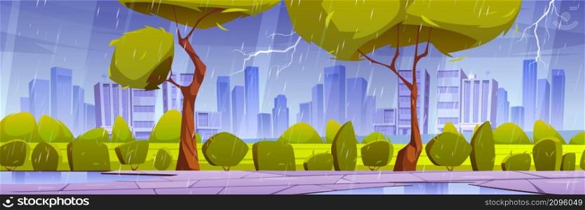 City park with green lawn, bushes, trees and stone walkway in rain. Vector cartoon illustration of summer thunderstorm in public garden with lightning and puddles on road. Thunderstorm in city park with lightning and rain