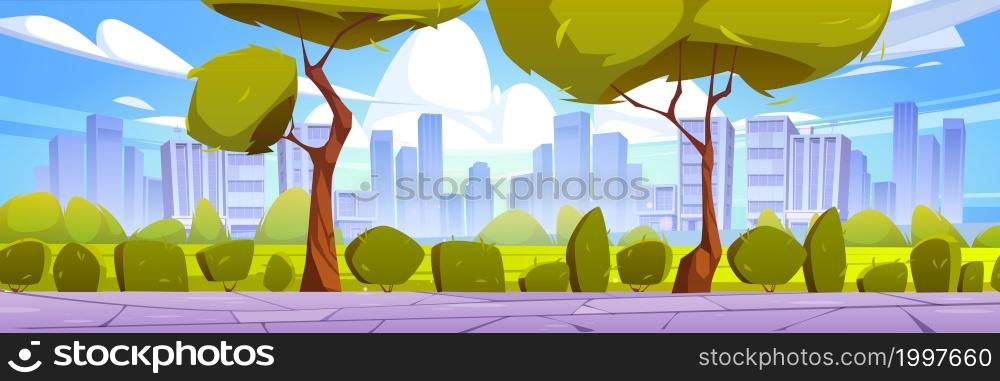 City park with green lawn, bushes, trees, stone walkway and town buildings on skyline. Vector cartoon illustration of summer landscape with road, field and houses on horizon. City park with green lawn, bushes, trees, walkway