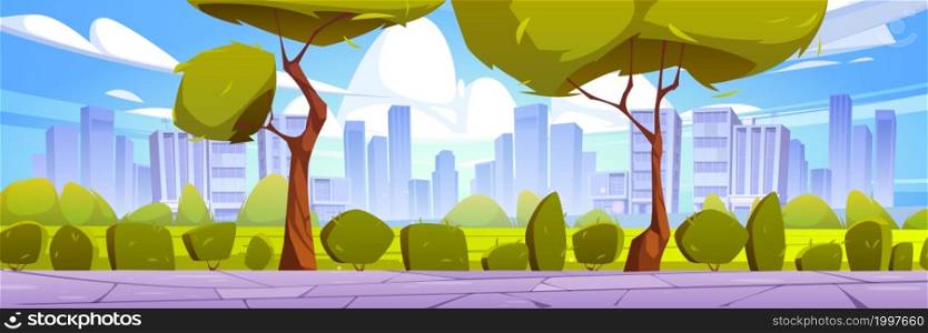 City park with green lawn, bushes, trees, stone walkway and town buildings on skyline. Vector cartoon illustration of summer landscape with road, field and houses on horizon. City park with green lawn, bushes, trees, walkway
