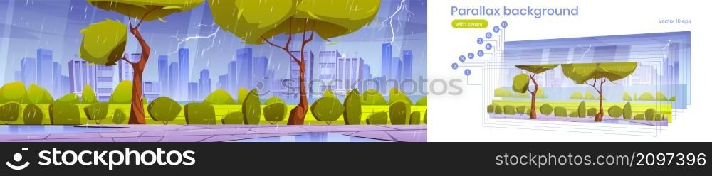 City park with green lawn, trees and walkway in rain. Vector parallax background for 2d animation with cartoon illustration of summer thunderstorm with lightning in public garden. Parallax background with city park in rain