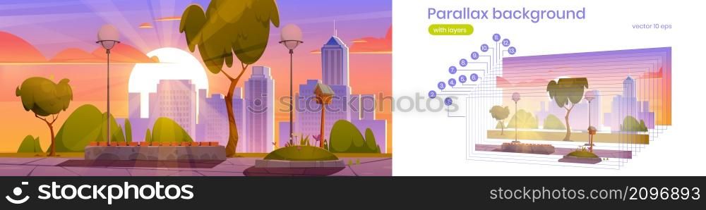 City park with green trees and grass, wooden bench and bird house at sunset. Vector parallax background for 2d animation with cartoon summer landscape of empty garden with lanterns and birdhouse. Parallax background, city park with birdhouse