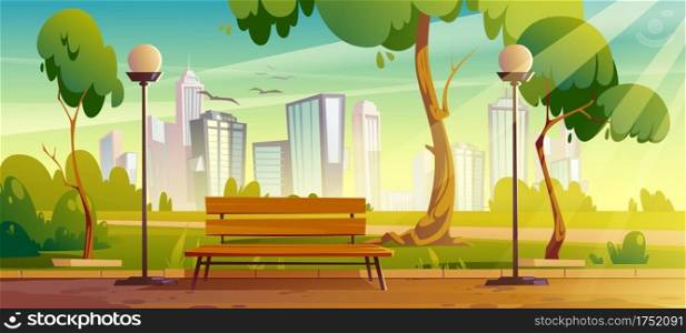 City park with green trees and grass, wooden bench, lanterns and town buildings on skyline. Vector cartoon summer landscape with empty public garden, birds and sun beams. City park with wooden bench and green trees