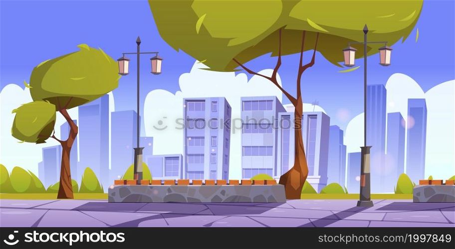 City park with green trees, grass, bushes, bench, lanterns and town buildings on skyline. Vector cartoon illustration of summer landscape of empty modern public garden and houses on horizon. City park with bench, lanterns and green trees