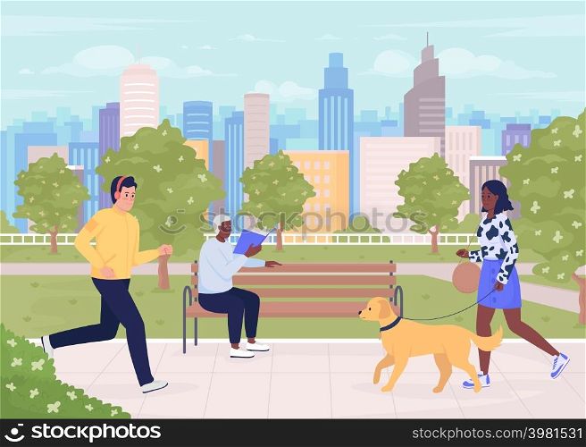 City park with visitors flat color vector illustration. Dog walking. Sustainable neighborhood. People enjoying weather in green space 2D simple cartoon characters with cityscape on background. City park with visitors flat color vector illustration