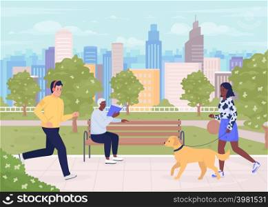 City park with visitors flat color vector illustration. Dog walking. Sustainable neighborhood. People enjoying weather in green space 2D simple cartoon characters with cityscape on background. City park with visitors flat color vector illustration