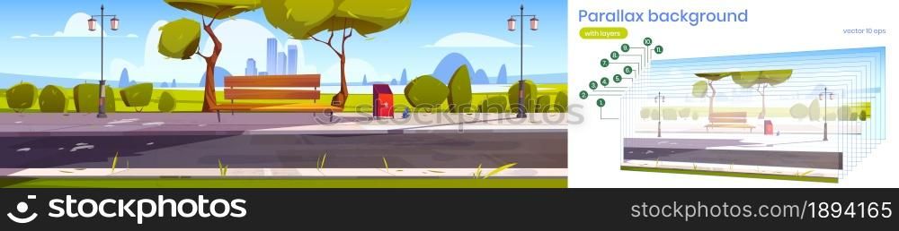 City park with wooden bench, lanterns, green trees and grass. Vector parallax background for 2d animation with cartoon summer landscape of empty public garden with town buildings on horizon. Parallax background with city park landscape