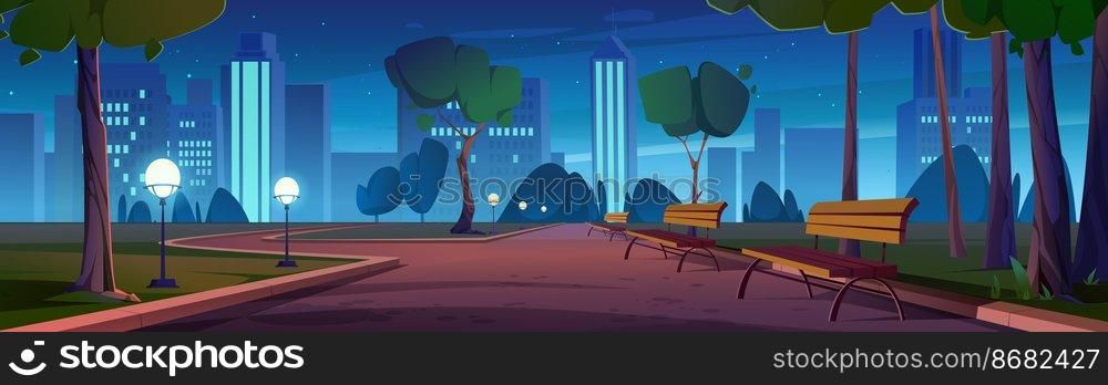 City park with wooden benches, green trees and grass, lanterns and town buildings on skyline at night. Vector cartoon summer landscape with empty public garden with street lights and seats at evening. City park with benches and lanterns at night