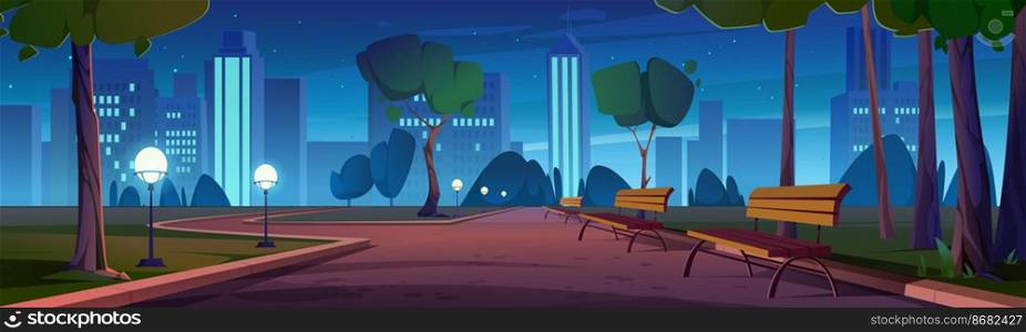 City park with wooden benches, green trees and grass, lanterns and town buildings on skyline at night. Vector cartoon summer landscape with empty public garden with street lights and seats at evening. City park with benches and lanterns at night