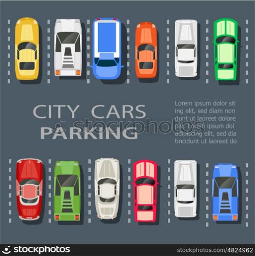 city parking lot . Top view of a city parking lot with a set of different cars