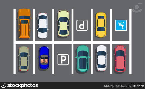 City parking lot with different cars. Shortage parking spaces. Parking zone top view with various vehicles. Vector illustration in flat style. City parking lot with different cars.