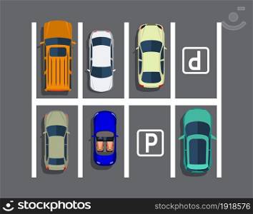 City parking lot with different cars. Shortage parking spaces. Parking zone top view with various vehicles. Vector illustration in flat style. City parking lot with different cars.