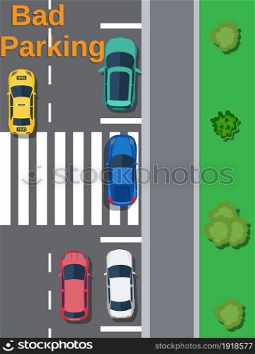 City parking lot with different cars. Shortage parking spaces. Bad or wrong car parking. Traffic regulations. Rules of the road. Vector illustration in flat style. City parking lot with different cars.