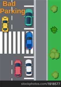 City parking lot with different cars. Shortage parking spaces. Bad or wrong car parking. Traffic regulations. Rules of the road. Vector illustration in flat style. City parking lot with different cars.