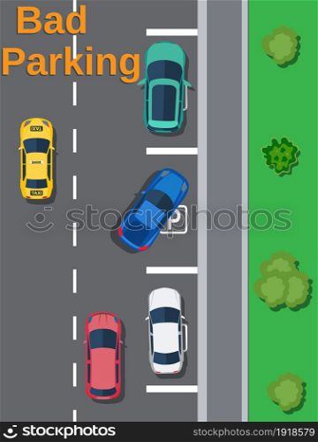 City parking lot with different cars. Shortage parking spaces. Parking zone top view with vehicles. Bad or wrong car parking. Traffic regulations. Rules of the road. Vector illustration in flat style. City parking lot with different cars.