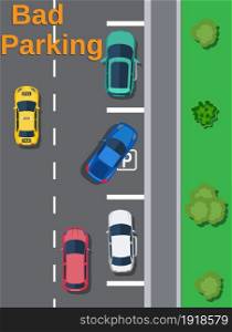 City parking lot with different cars. Shortage parking spaces. Parking zone top view with vehicles. Bad or wrong car parking. Traffic regulations. Rules of the road. Vector illustration in flat style. City parking lot with different cars.