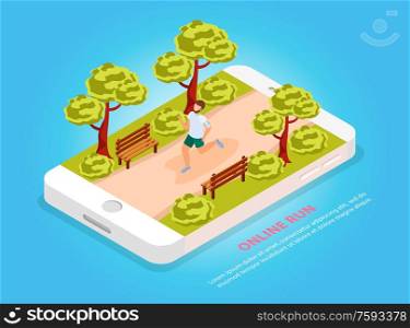 City people workout online run community isometric composition with jogger in park on mobile screen vector illustration. City People Sport Online