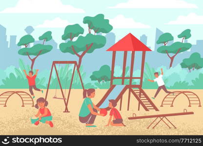 City playground flat composition of outdoor scenery with cityscape and play equipment with kids and mother vector illustration. City Children Playground Composition