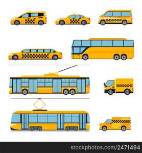 City public transport icons flat set. Urban vehicles. Train and bus, tram and car, vector illustration. City public transport icons flat set. Urban vehicles