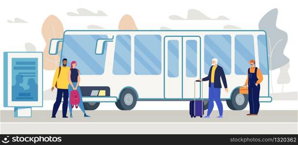 City Public Transport Infrastructure, Citizen and Tourists Transportation Flat Vector. Female and Male Passengers with Baggage, Couple and Worker Waiting Bus on Stop or Station Platform Illustration