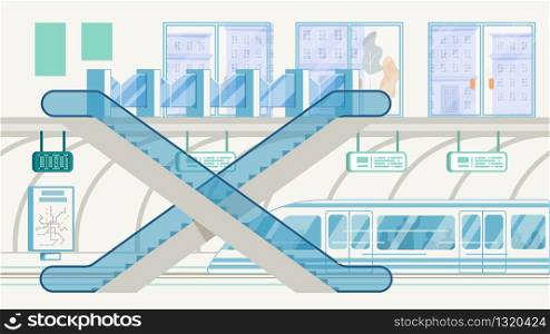 City Public Transport Infrastructure, Metropolis Rapid Transit System Flat Vector. Subway, Railroad Underground Station Entrance with Tourniquets, Escalators and High Speed Train on Rails Illustration