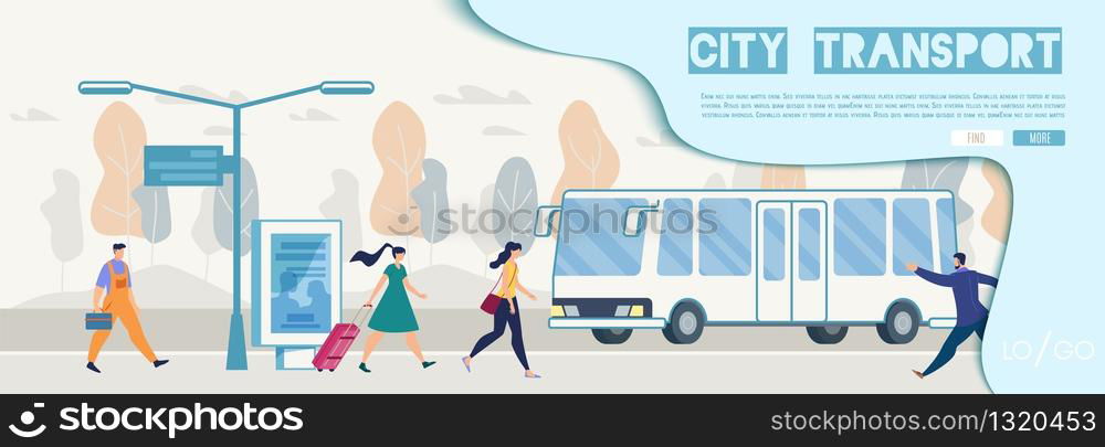 City Public Transport Infrastructure, Searching, Informational Online Service Flat Vector Web Banner, Landing Page Template with Passengers with Baggage, Citizens Hurrying on Bus Stop Illustration